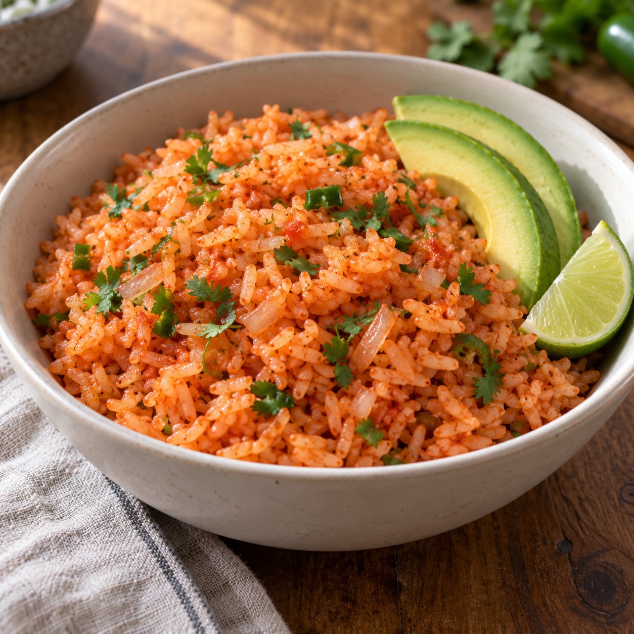 Mexican tomato rice with cilantro, jalapeno, avocado and lime