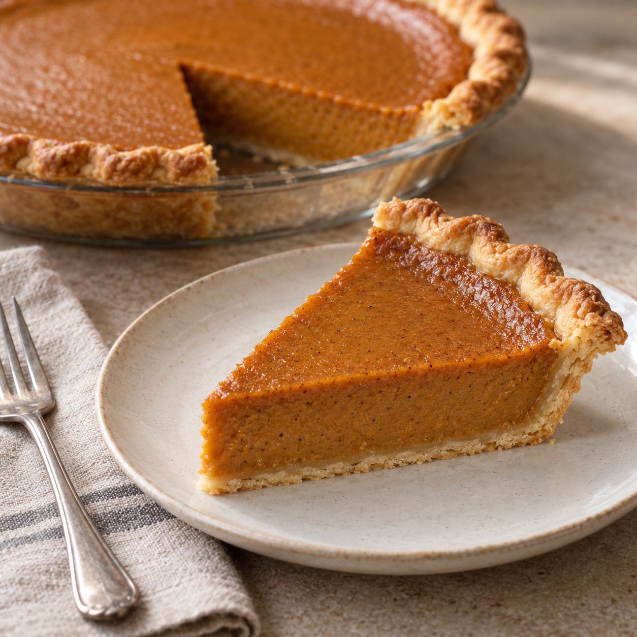 Pumpkin pie slice with smooth spiced filling and golden pastry crust