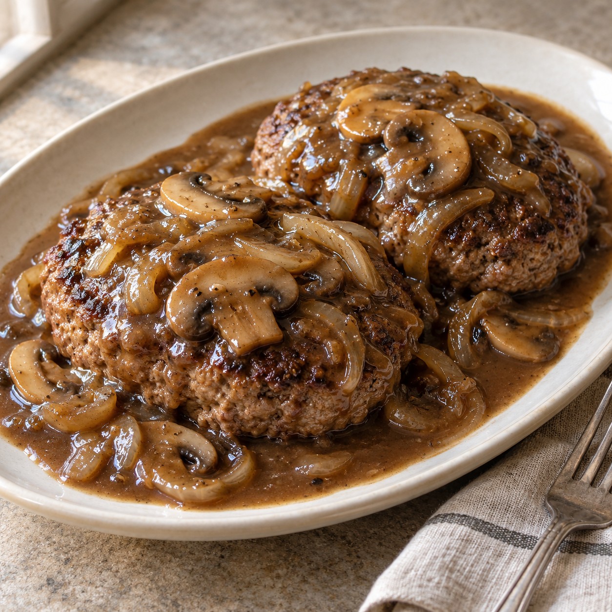 Salisbury steak patties with mushroom and onion gravy