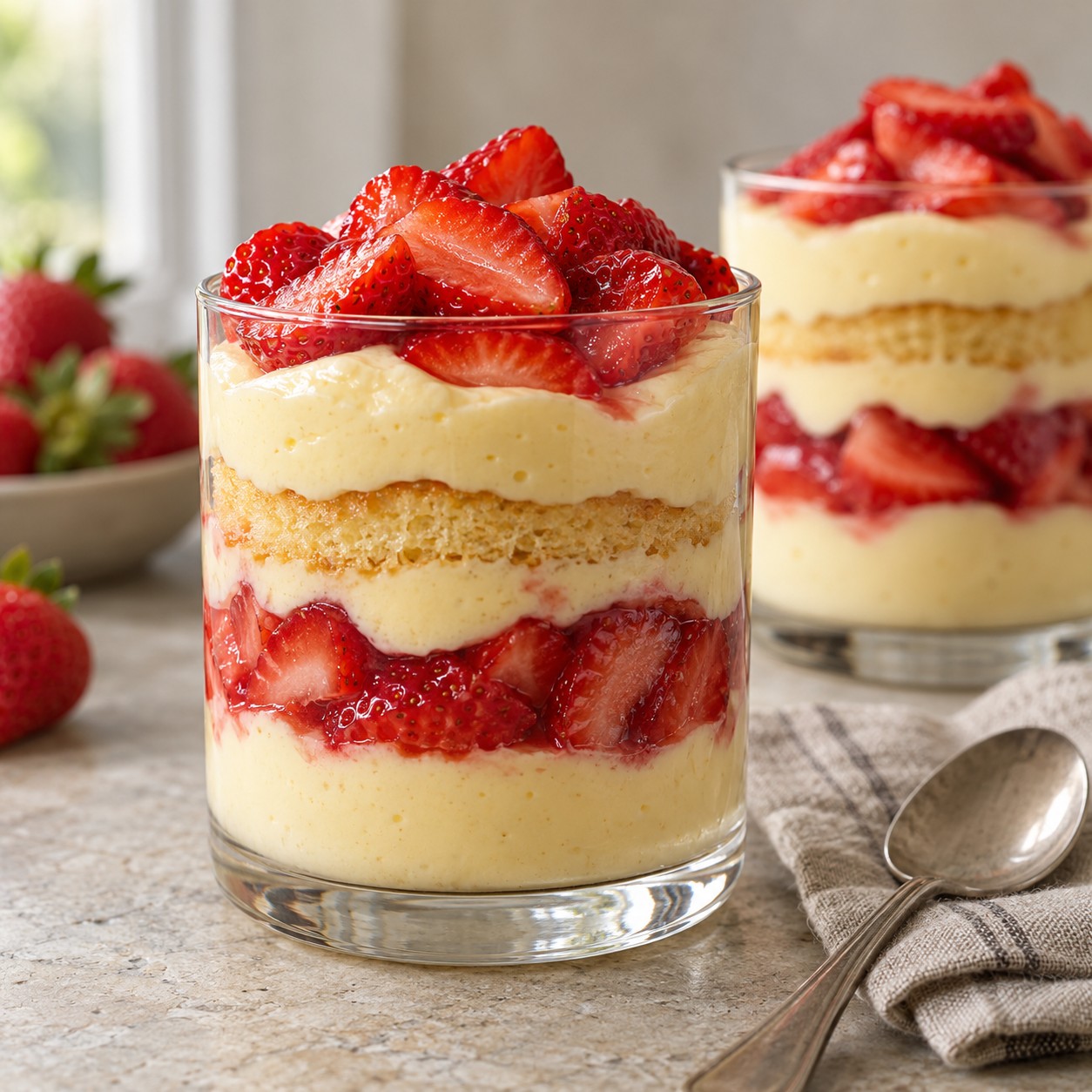 Strawberry sabayon parfait with sponge cake, custard and sliced strawberries