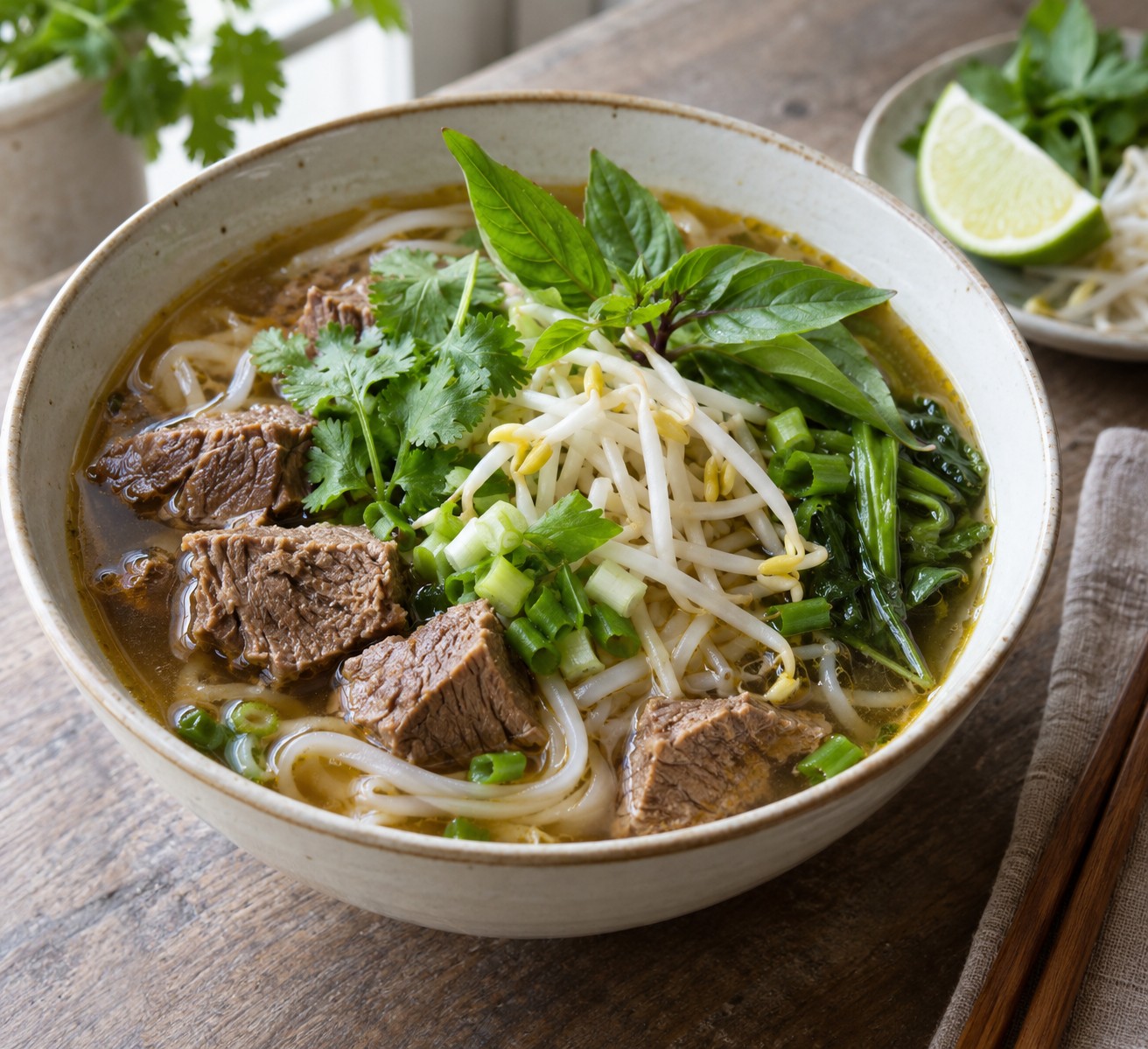 Thai beef noodle soup with rice noodles, bean sprouts, water spinach and fresh herbs