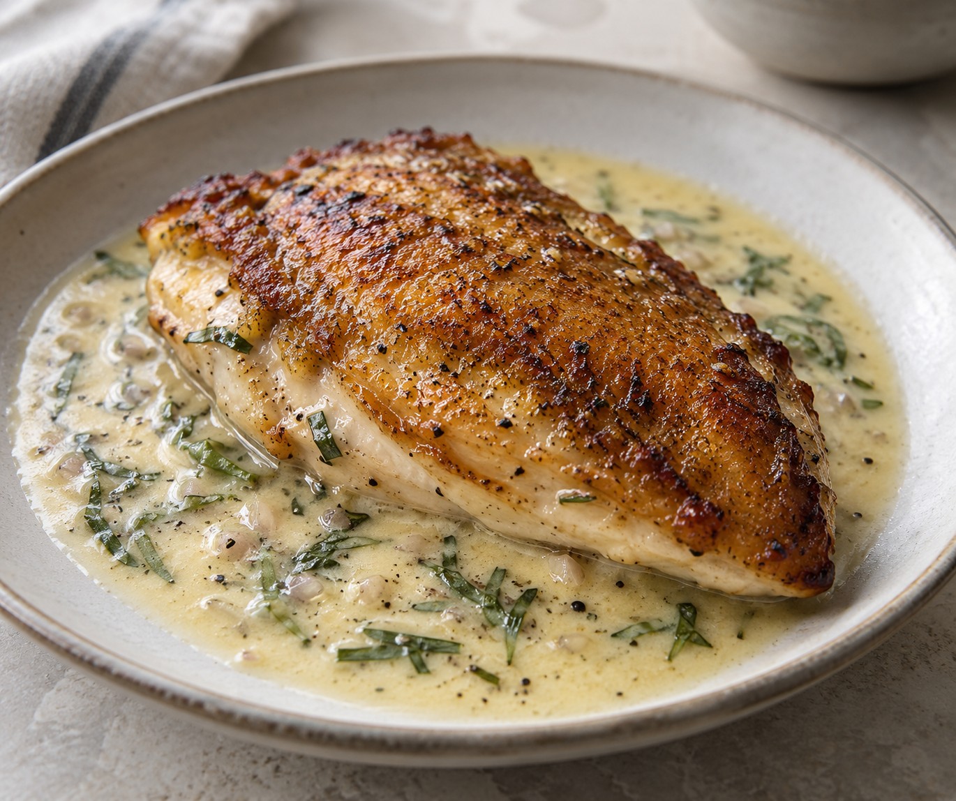 Golden skin-on chicken breast with tarragon butter sauce