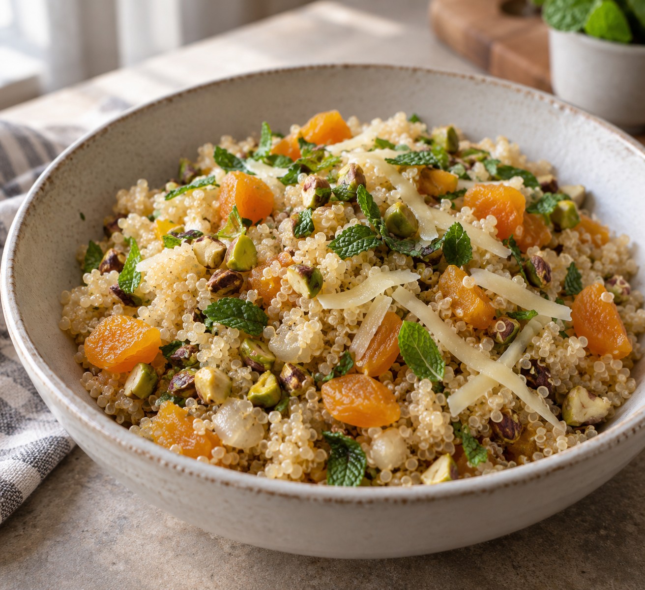 Quinoa pilaf with dried apricots, aged Gouda, pistachios and mint