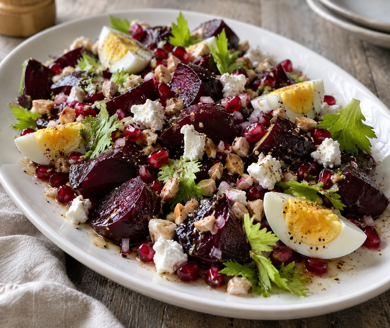 Roasted beet salad with goat cheese, hard-boiled eggs, pomegranate and almonds