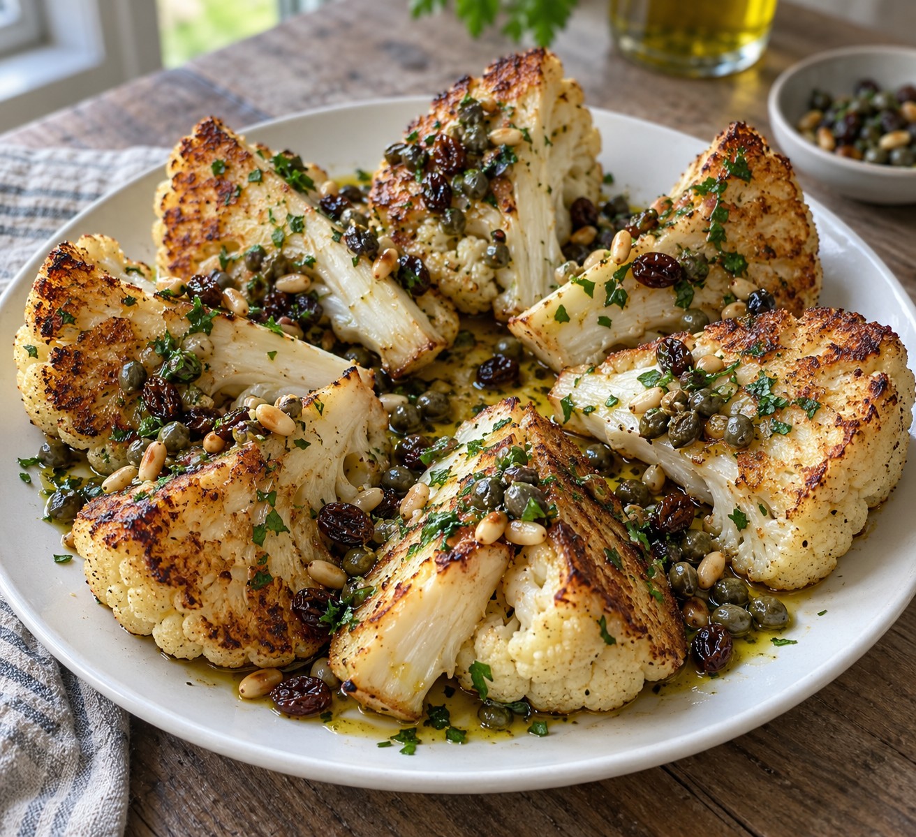 Roasted cauliflower wedges with pine nuts, raisins and caper vinaigrette