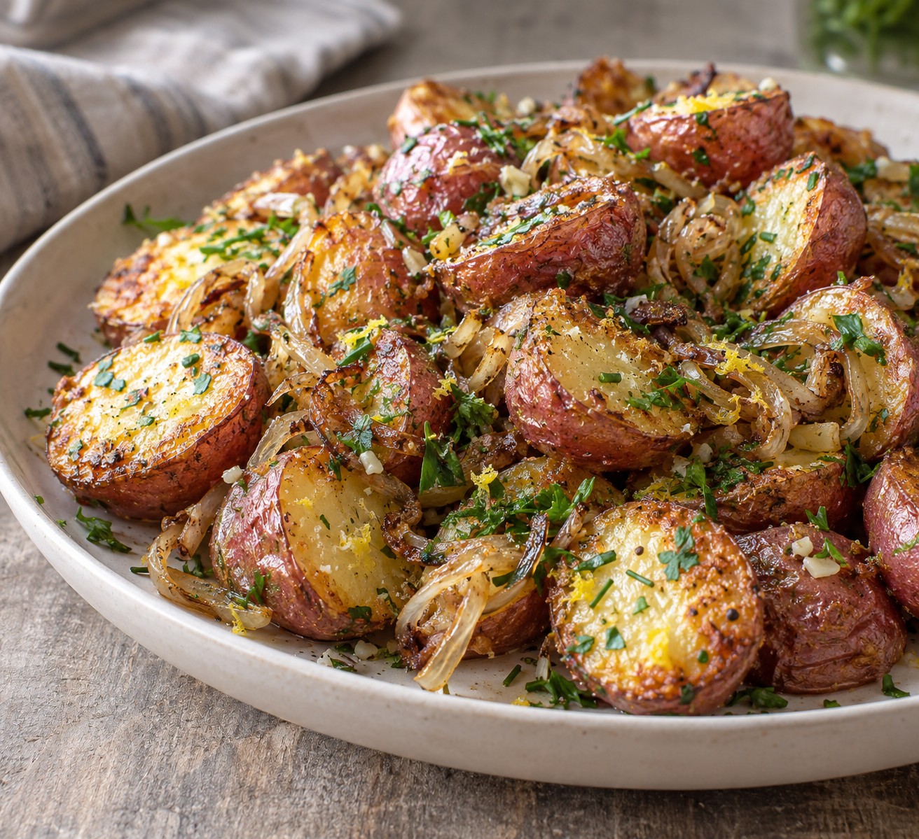 Crisp red potato halves with garlic, herbs, shallots and lemon zest