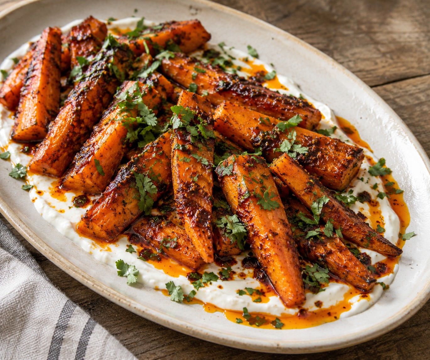 Roasted harissa carrots over crème fraîche with cilantro
