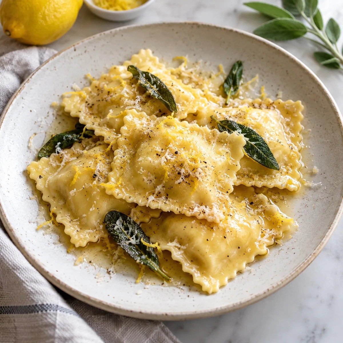 Fresh ricotta ravioli with lemon zest and sage on a ceramic plate
