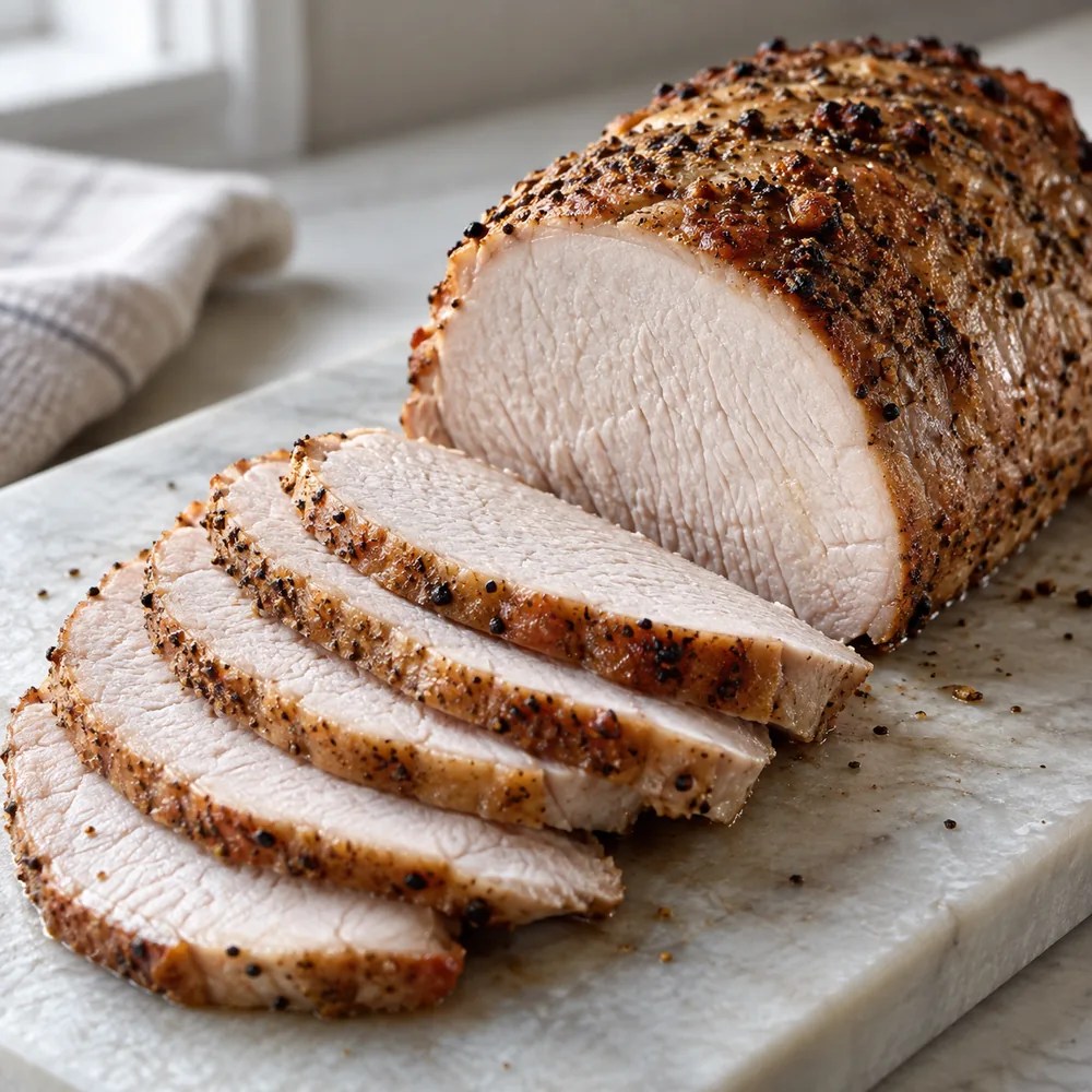 Thin slices of roasted pork loin with a browned pepper crust