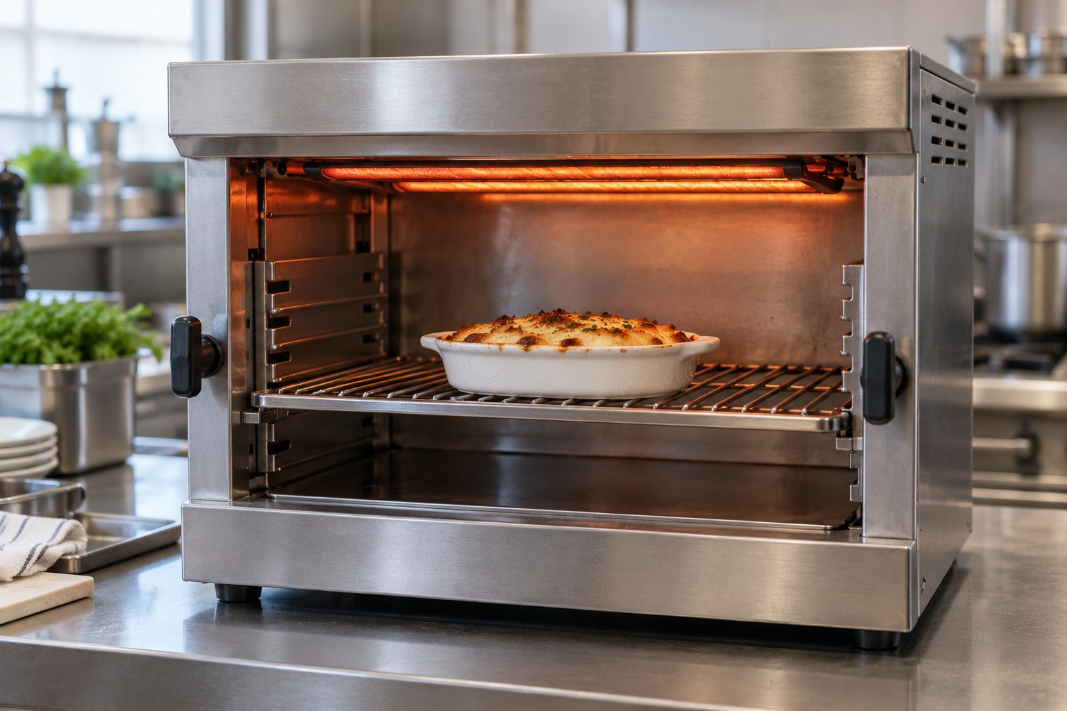 Commercial salamander broiler browning a gratin under top heat