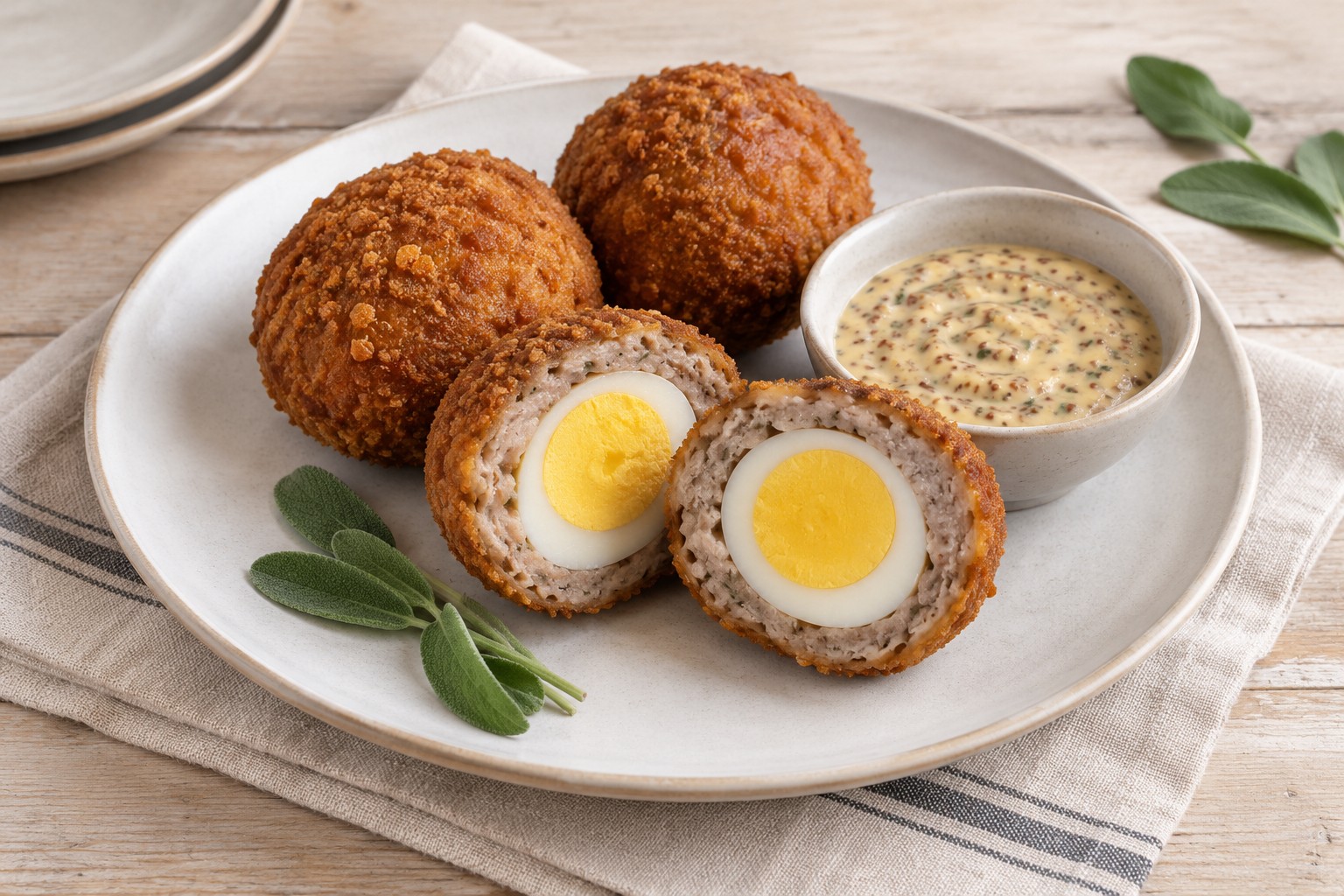 Scotch Eggs with Sage and Mustard Cream