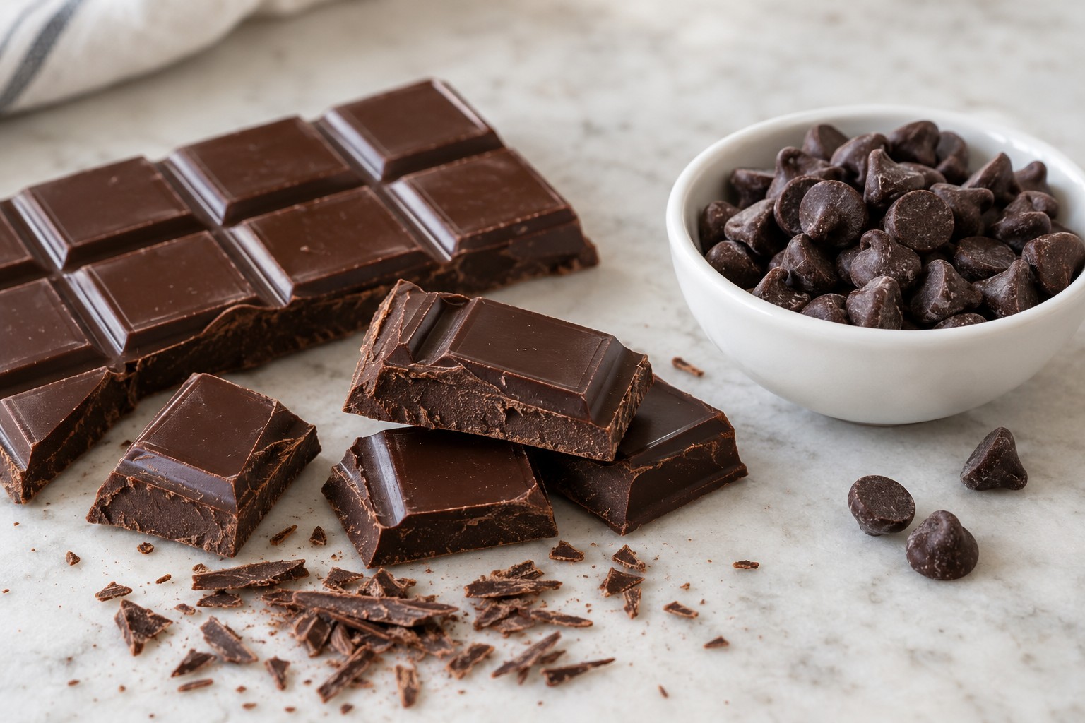 Semi-sweet chocolate bar pieces, chips and shavings