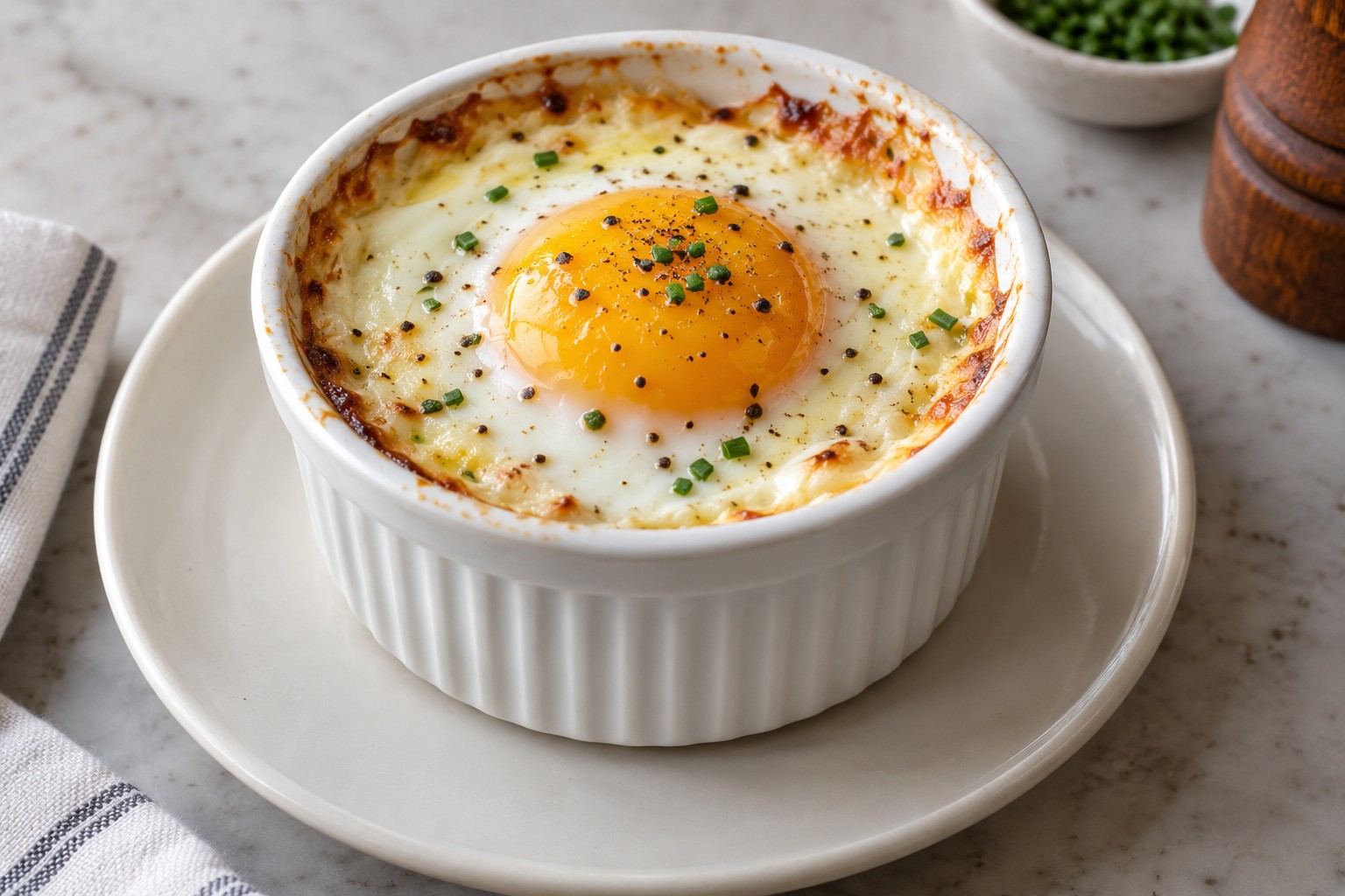 Shirred egg baked with cream in a white ramekin