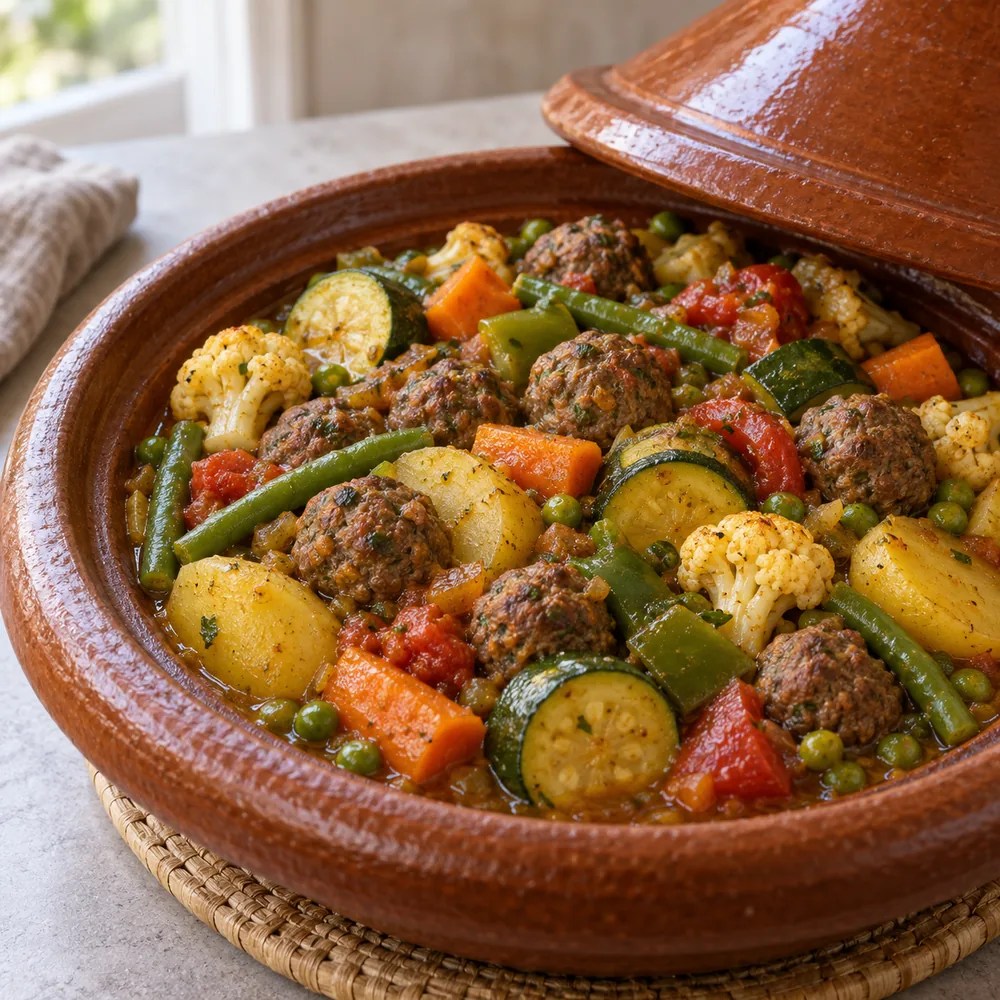 Beef meatballs with zucchini, carrots, potatoes and mixed vegetables in a tagine