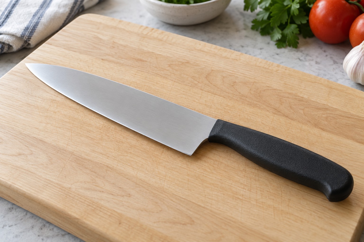 Thin chef knife blade without a thick bolster
