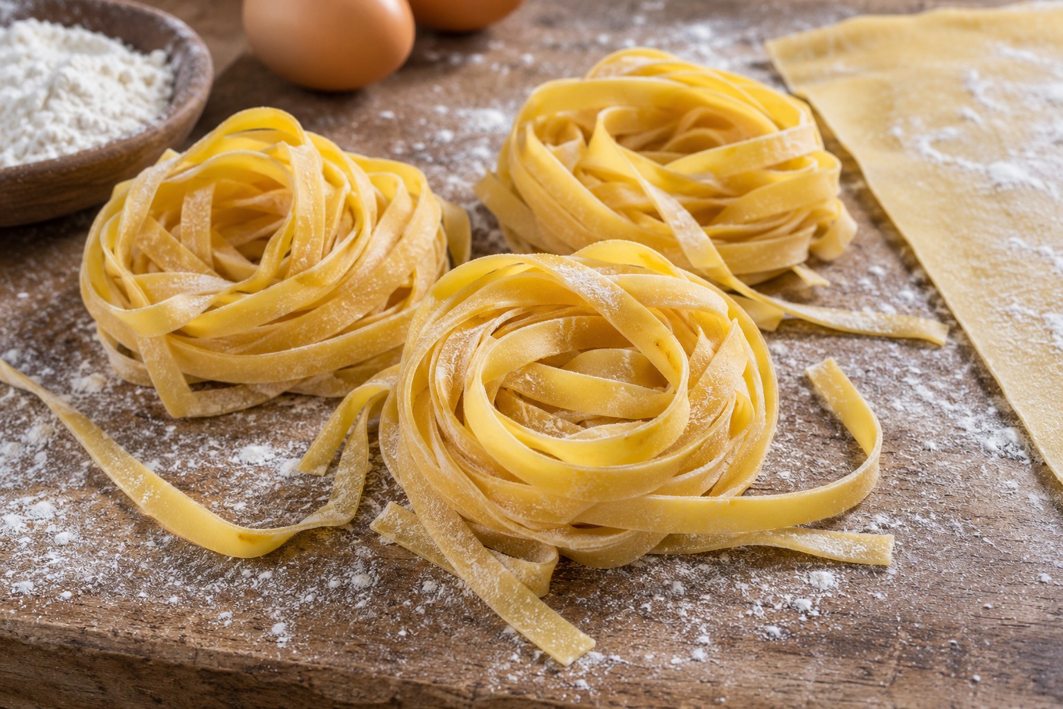 Narrow flat ribbons of fresh egg tagliatelle arranged in nests