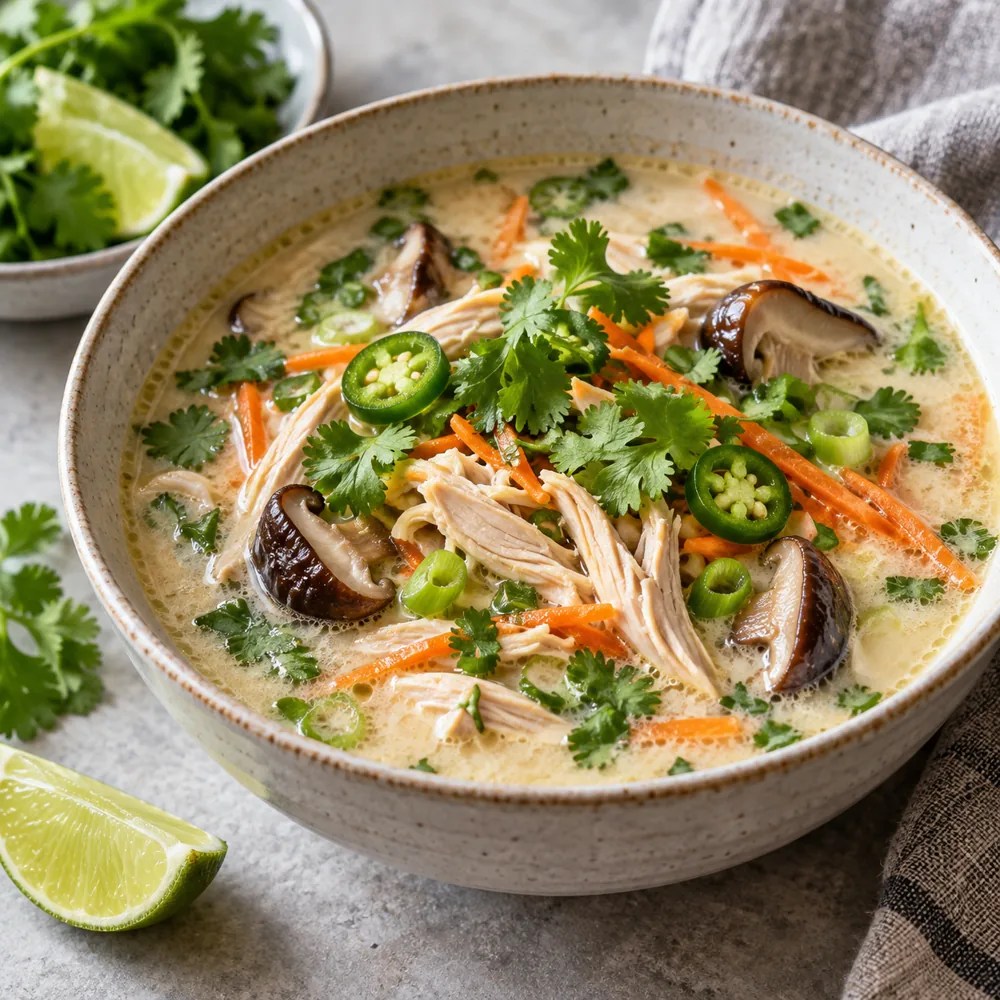 Thai coconut chicken soup with shredded chicken, mushrooms and lime