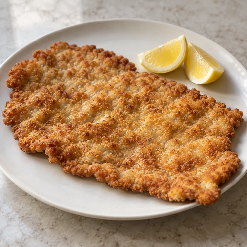 Golden breadcrumb-coated Wiener schnitzel with lemon wedges