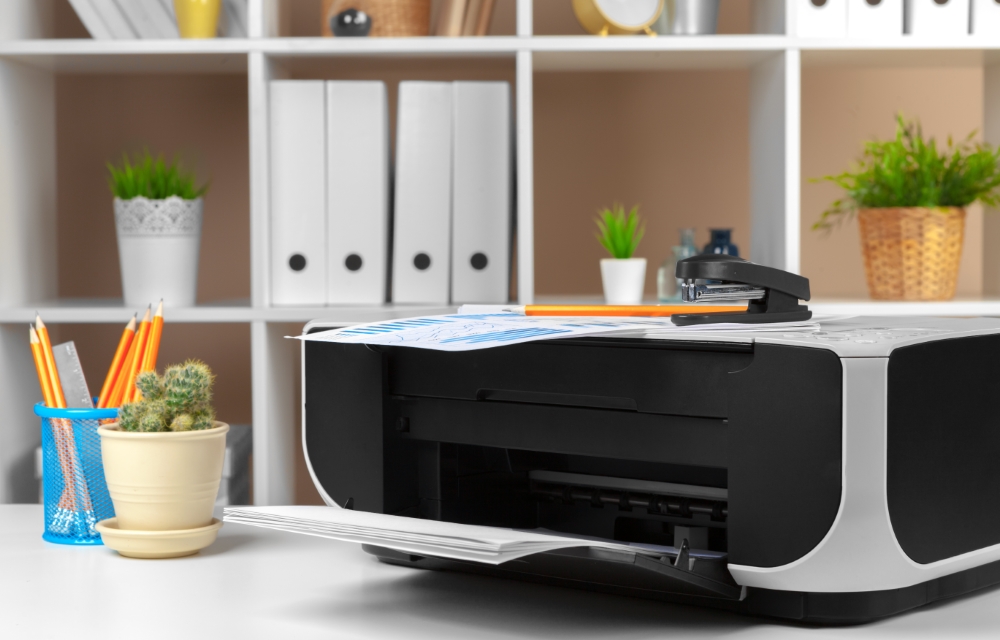 Printer, copier, scanner in office. Workplace.