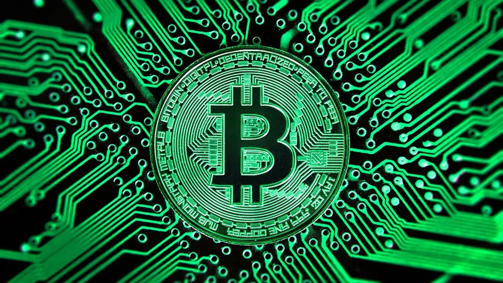 Digital illustration of golden Bitcoin coin overlaying rising financial trend chart line.