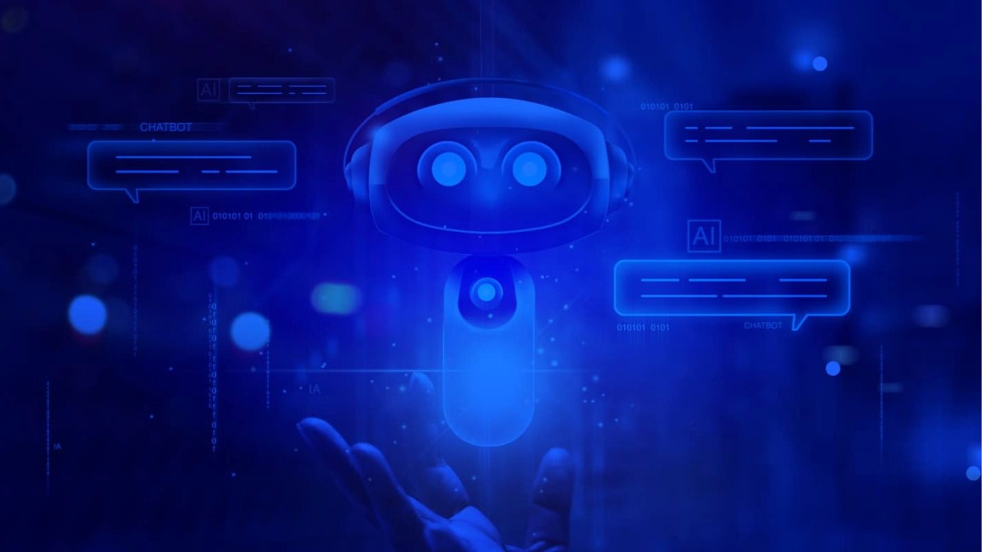 AI chatbot illustration with digital chat bubbles.