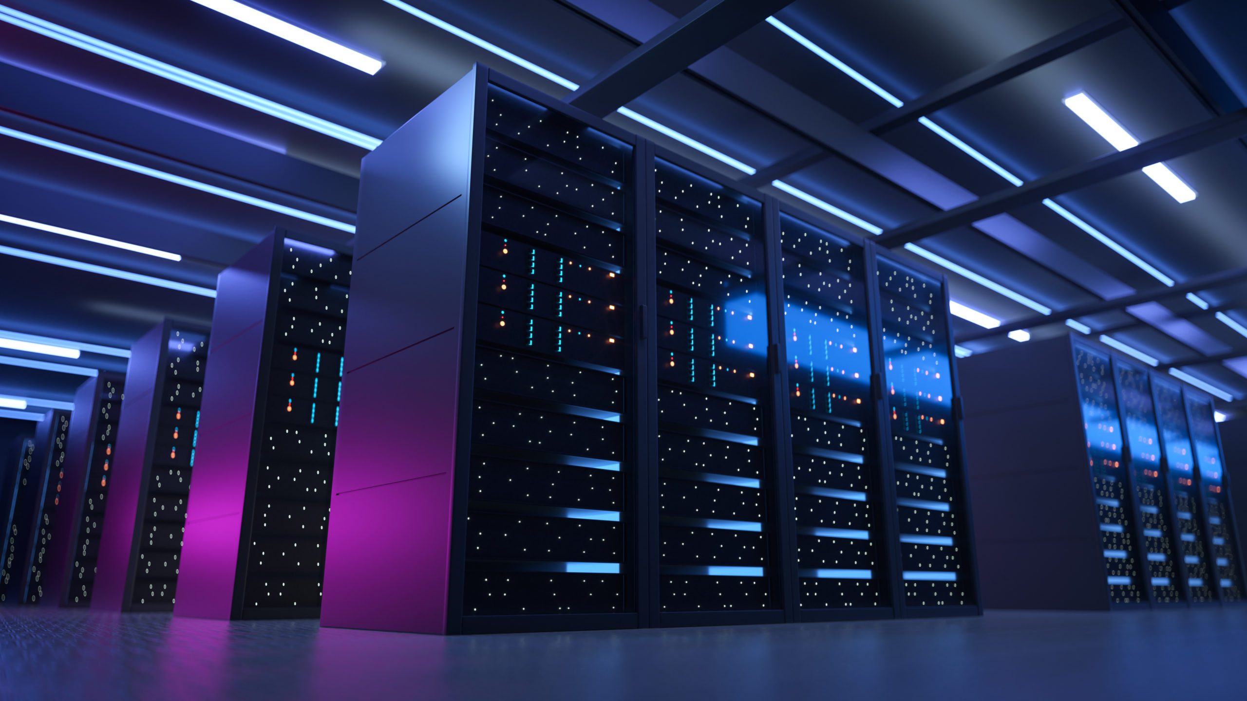 Modern data center with illuminated server racks.
