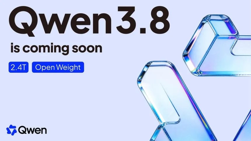 Alibaba Qwen3.8 AI model announcement highlighting its upcoming 2.4 trillion-parameter open-weight large language model release.