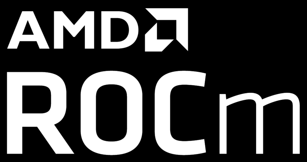 AMD ROCm logo displayed on a black background, representing AMD's open-source AI software stack for GPU computing and enterprise AI development.