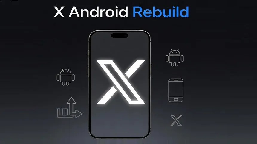 Illustration of the rebuilt X Android app showcasing the X logo, Android icons, and redesigned mobile architecture focused on performance improvements.