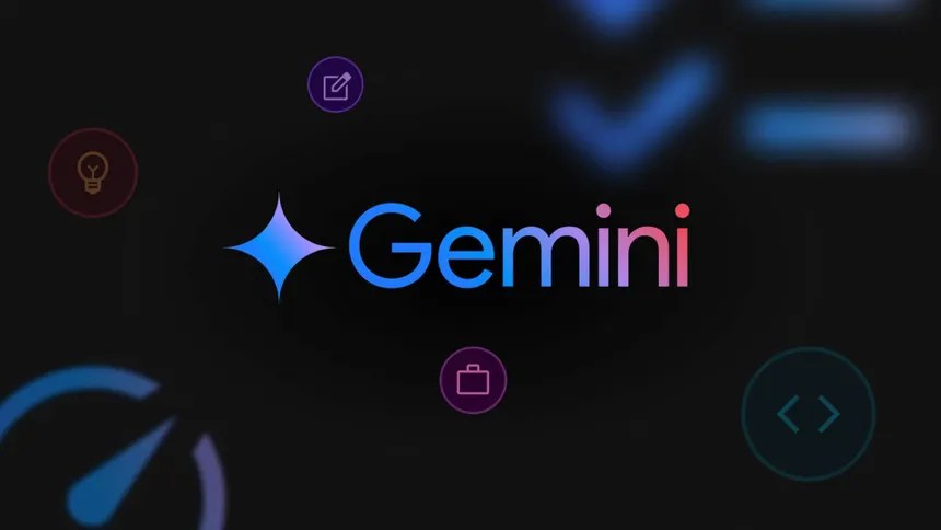 Google Gemini app logo displayed on a dark interface with colorful AI icons representing productivity, coding, and intelligent assistance.