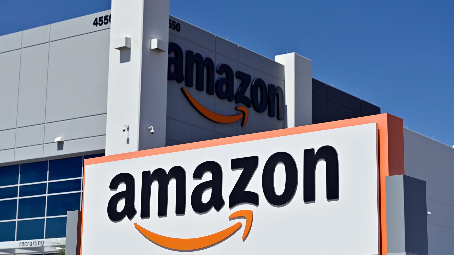 Amazon headquarters with corporate logo