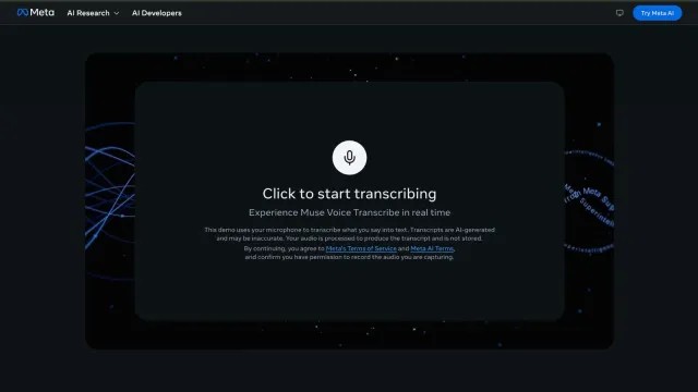 Meta Muse Voice Transcribe screen