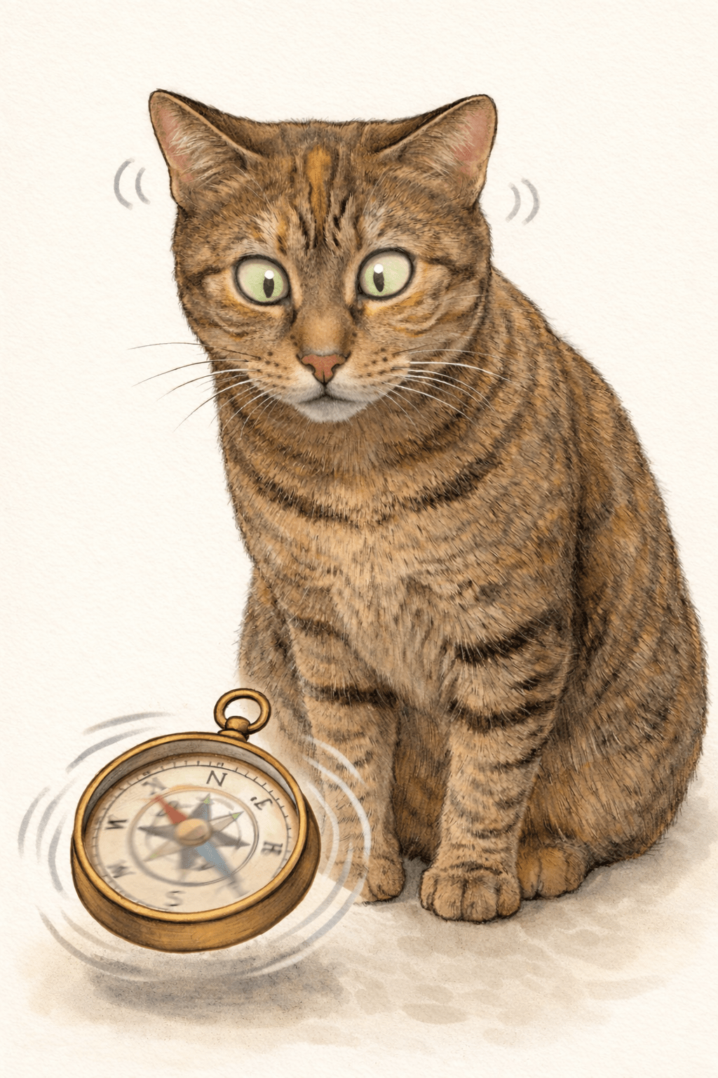 Cat staring at a spinning compass