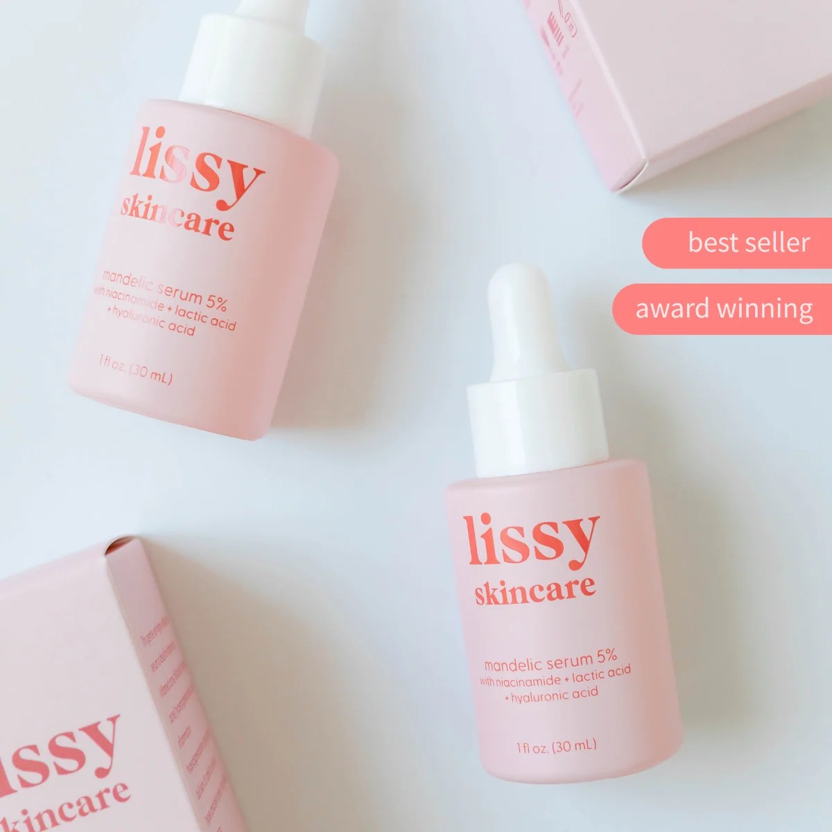 Lissy mandelic acid serum bottle, one of our summer favorites for skin