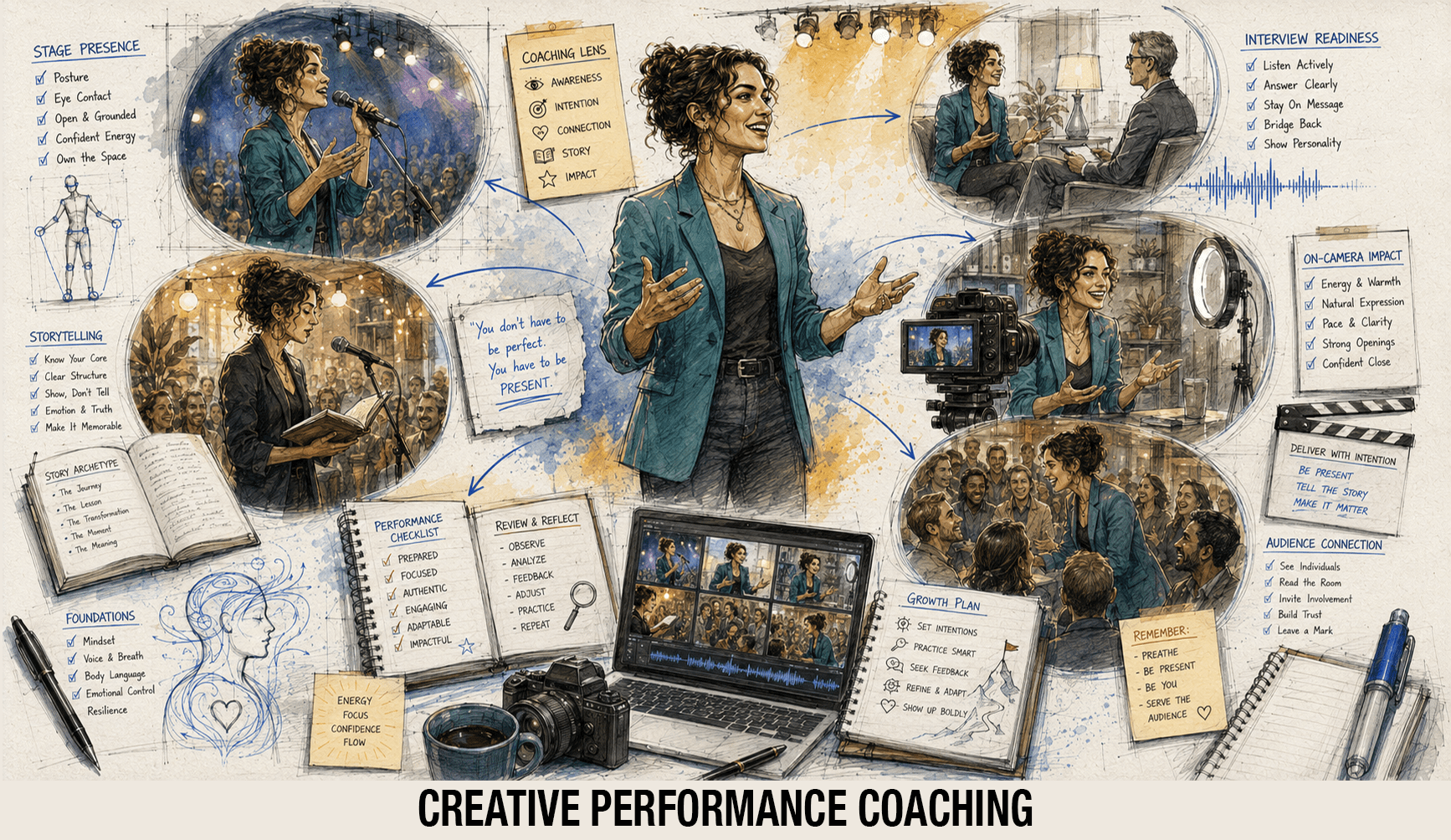Sketch illustration of a creative professional performing on stage, giving an interview, speaking on camera, reading to an audience, and reviewing recorded performances.