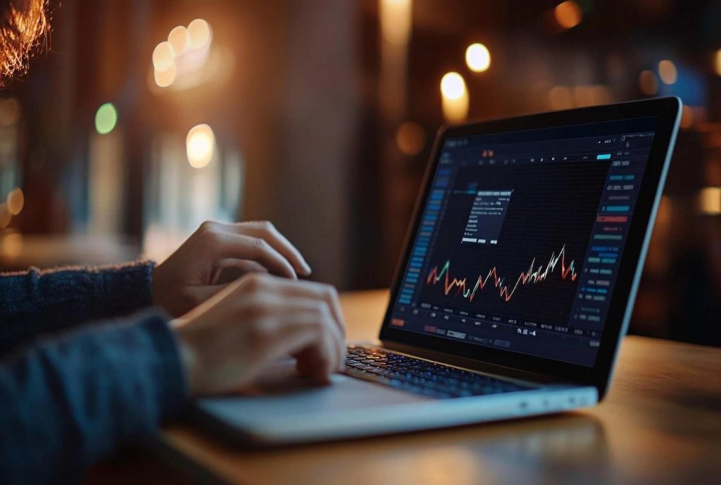 Person using a laptop displaying a financial trading chart in a dim, warm-lit workspace.