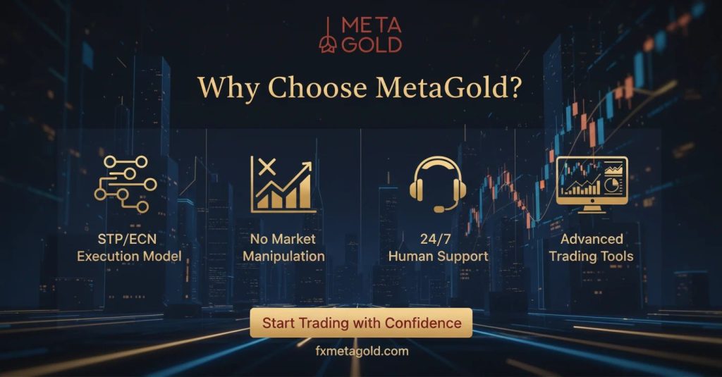 MetaGold trading platform banner highlighting execution models, no market manipulation, 247 support, and trading tools.