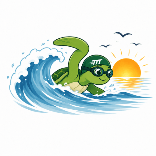 The Turbo Turtle, a green cartoon turtle wearing goggles and a swim cap with the TTT logo, swimming through ocean waves at sunrise.