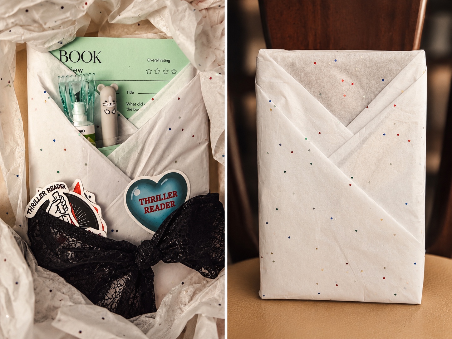 Two views of a mystery book package with speckled wrapping, black lace and reader extras.