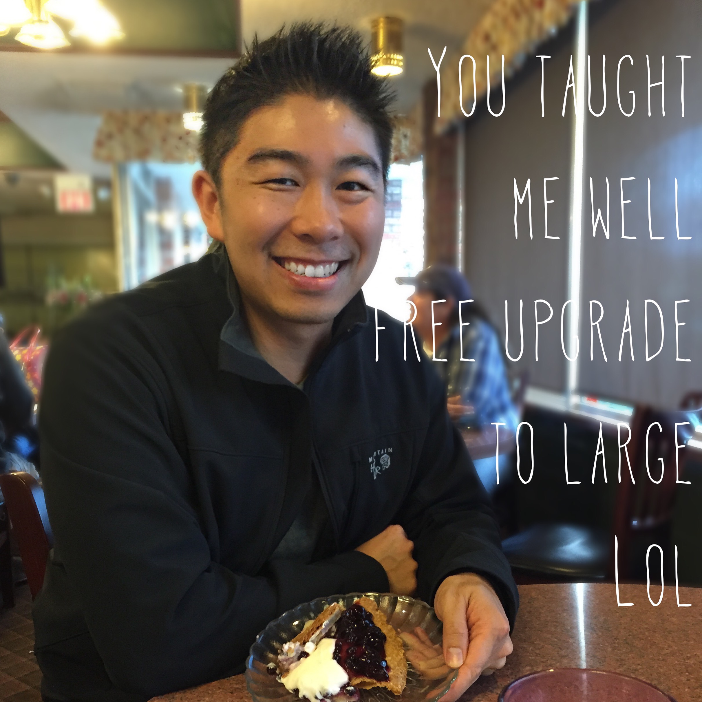 When I'm craving pie at 5:45am who can I count on to already be awake and down to drive to San Mateo? This guy! Jason is a great listener and doesn't talk about himself much, he'll always flip the conversation back to something about you. Knowing this I always try to mess with him by flipping it back to asking him a question. ^_^. The last text he sent before I took this picture was "You taught me well Free upgrade to large Lol" 52/100