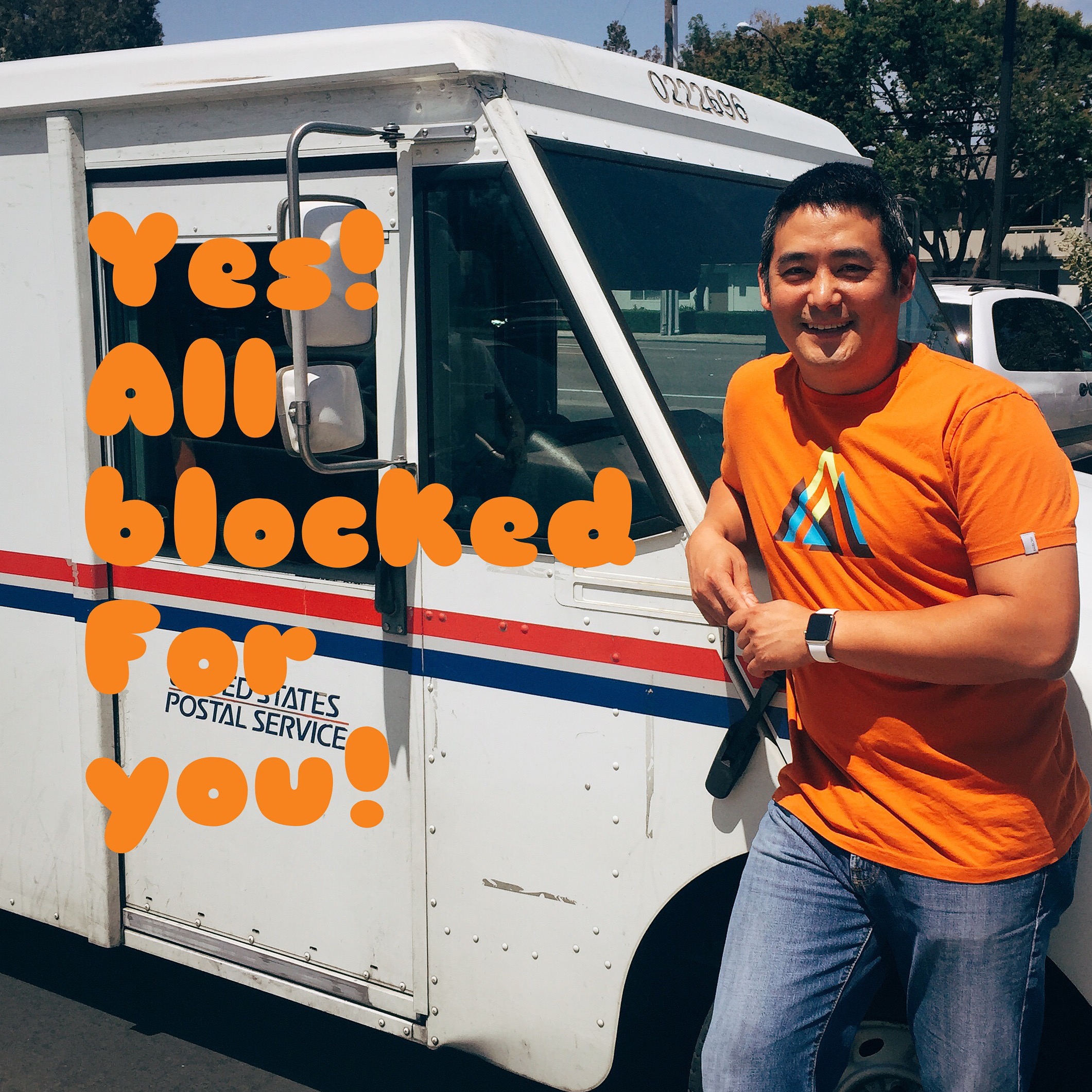 Lunch with Eric and @vsindra today. We used to play poker at Eric's house on his legit homemade poker table. If I had anything to drink, I'd lose all my money immediately and get the value back by sitting around drinking all his fancy whisky. The last text he sent me before I took this photo of him posing as a postman was "Yes! All blocked for you!" 57/100