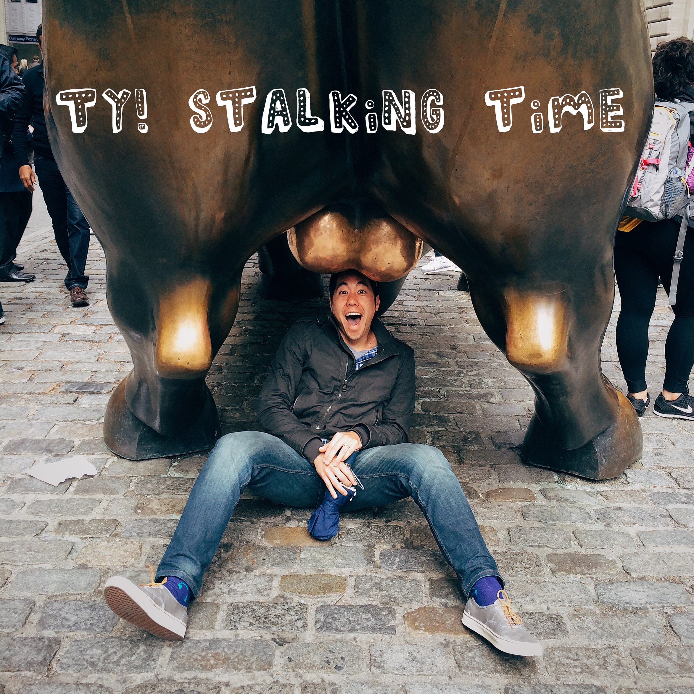 Cheating again since I didn't like the photo I took of Brian today. Met Brian via my bestie's husband and have laughed at his ridiculousness ever since. Here he is getting T-bagged by the bull in NYC on the trip he invited himself to, after seeing me post that I was going on Facebook. He's super easy going and fun to be around despite always yelling out "boobies" randomly in public *sigh*. The last thing he texted before I took this photo was "Ty! Stalking time". 77/100