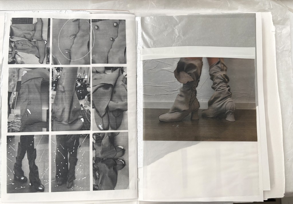 A collage of black and white fashion images showcasing unique clothing designs and accessories, alongside a color photo of a person wearing slouchy beige boots with a chunky heel.