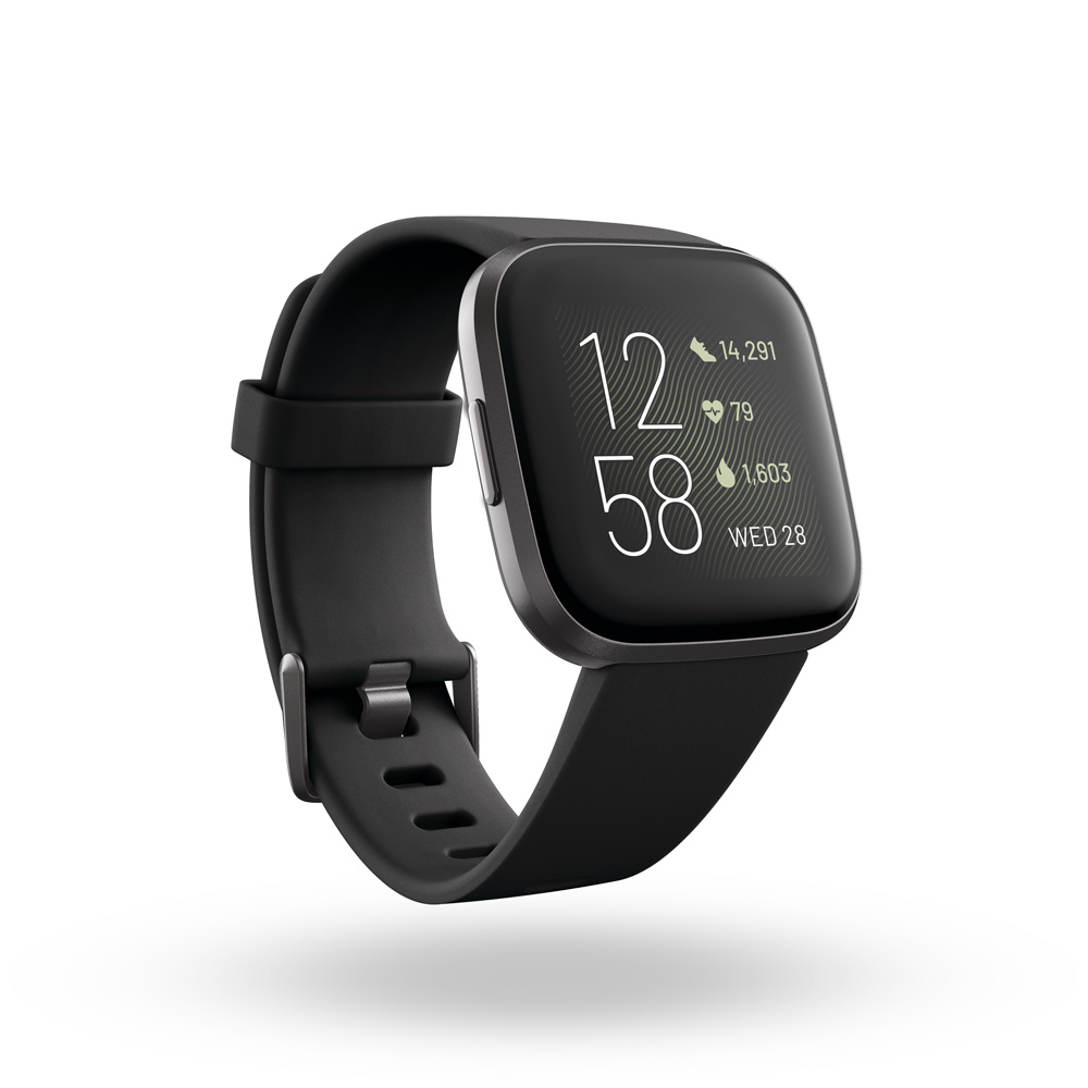 Product render of Fitbit Versa 2, 3QTR view, in Black and Carbon.