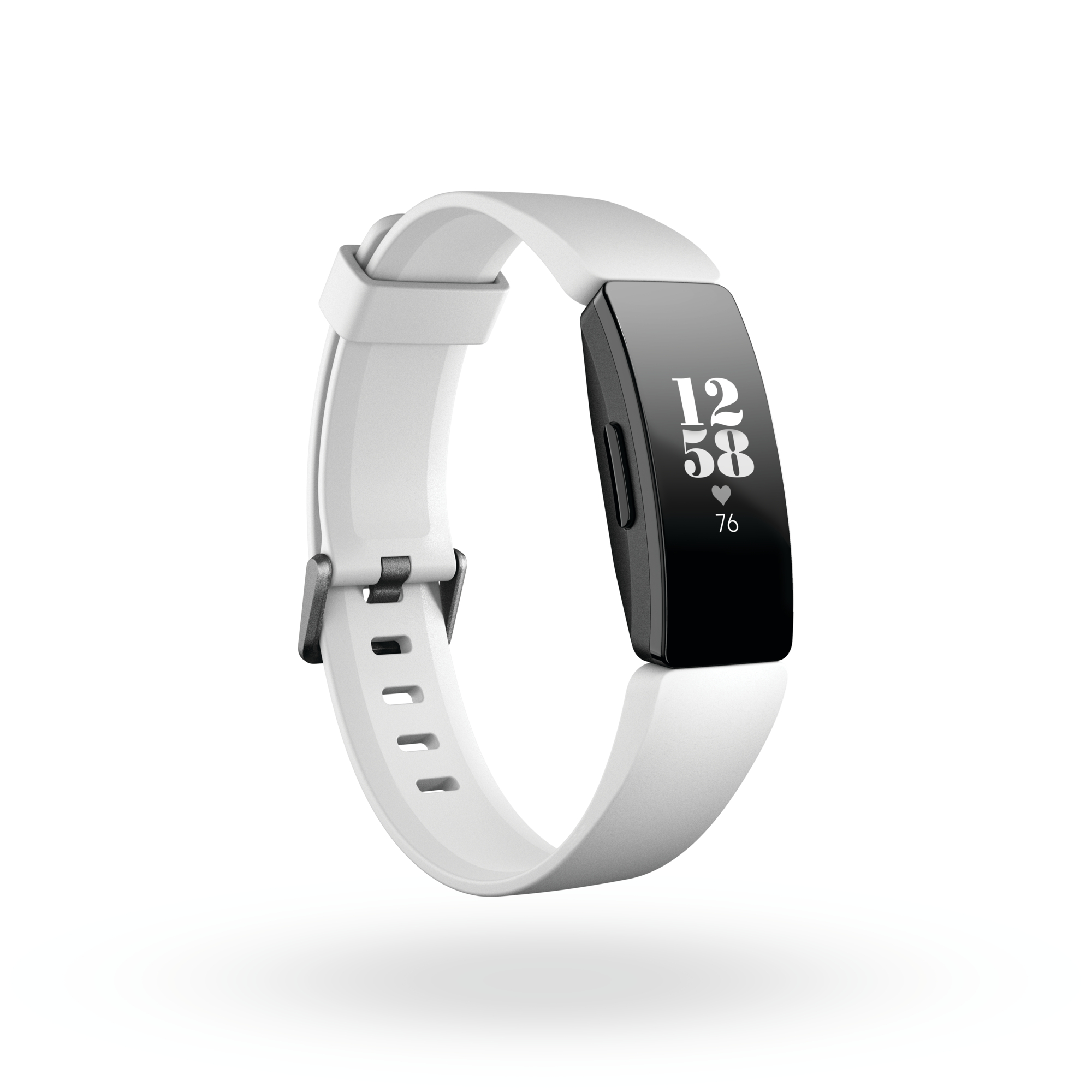 Product render of Fitbit Inspire HR, 3QTR view, in White and Black