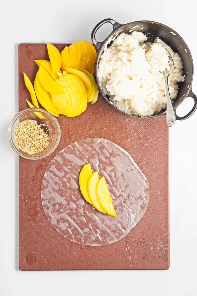 a rice paper with mango in it
