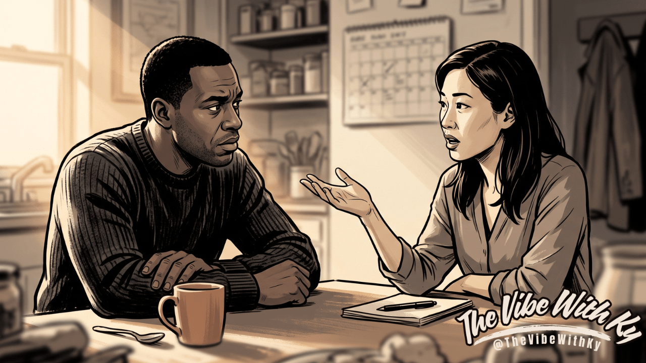 Two adults at a kitchen table, one listening closely while the other explains something with an open hand, both visibly working at understanding each other.