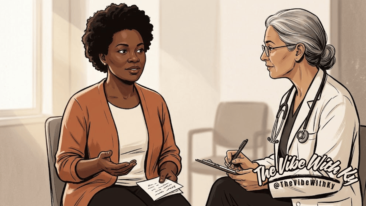 A woman speaks up during a medical appointment while her doctor listens and takes notes, holding her own handwritten questions.