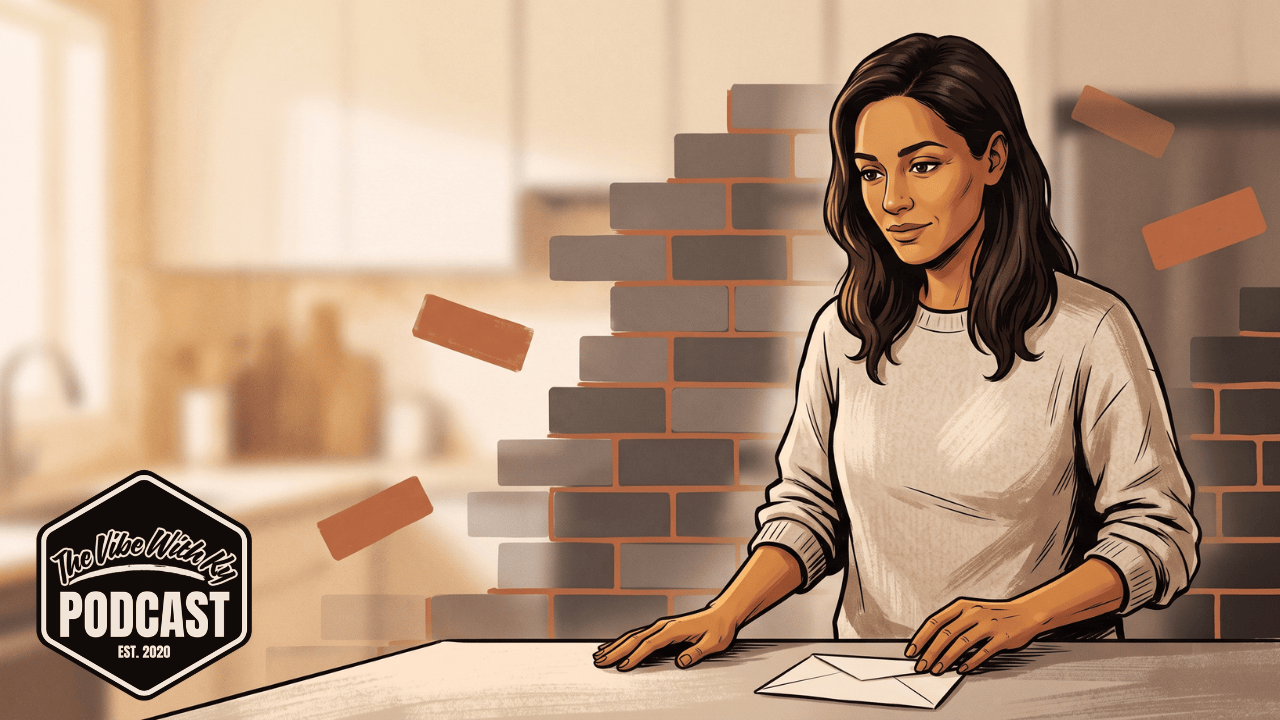 A woman standing at her kitchen counter, looking at a single unopened envelope and beginning to reach for it.