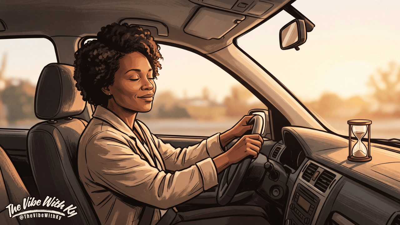 A woman relaxes in her parked car at golden hour, eyes closed and smiling, enjoying a few quiet minutes while an hourglass sits on the dashboard.